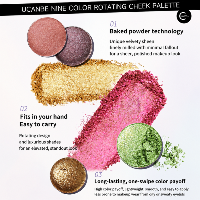UCANBE nine-color rotating cheek palette with pink, gold, brown, and green swatches