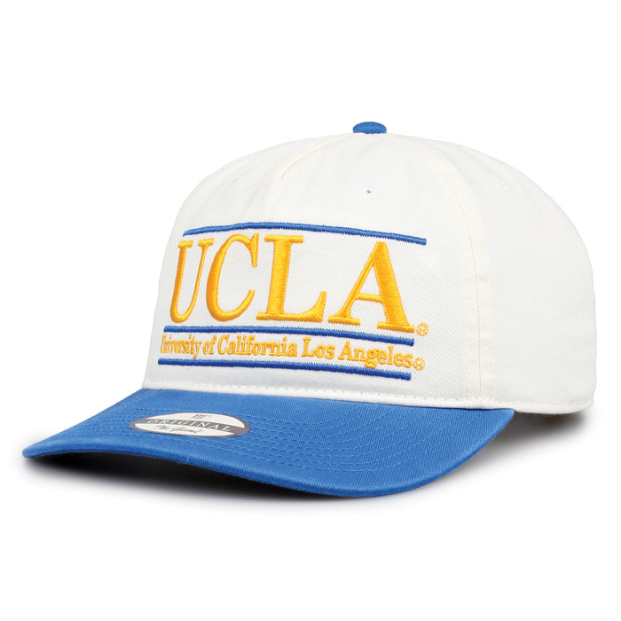 UCLA Original Bar snapback hat showing embroidered front design and curved brim, angled view