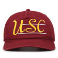 USC Trojans Original Heritage Bar Snapback in cardinal, front view of embroidered school script and bar design