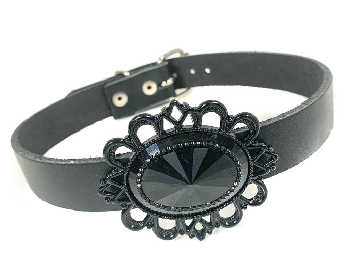 Victorian Gothic Steampunk Black Stone Leather Choker Wide Collar