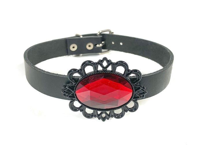 Victorian Steampunk Red Siam Stone Leather Choker Wide Collar