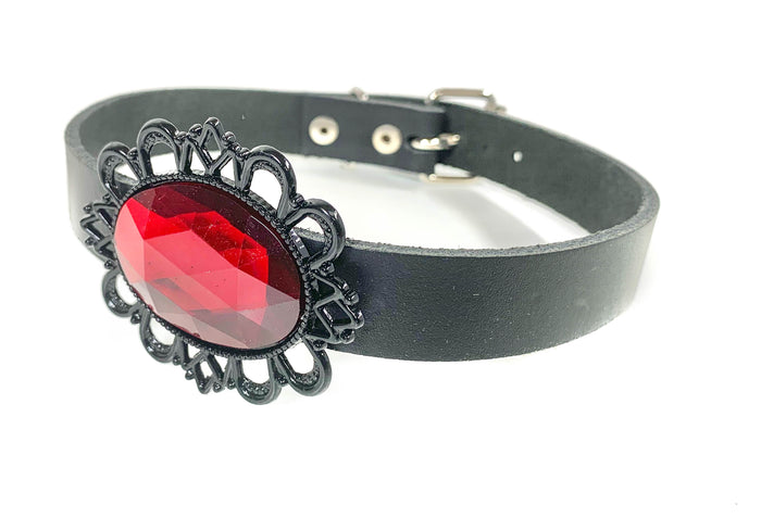 Victorian Steampunk Red Siam Stone Leather Choker Wide Collar