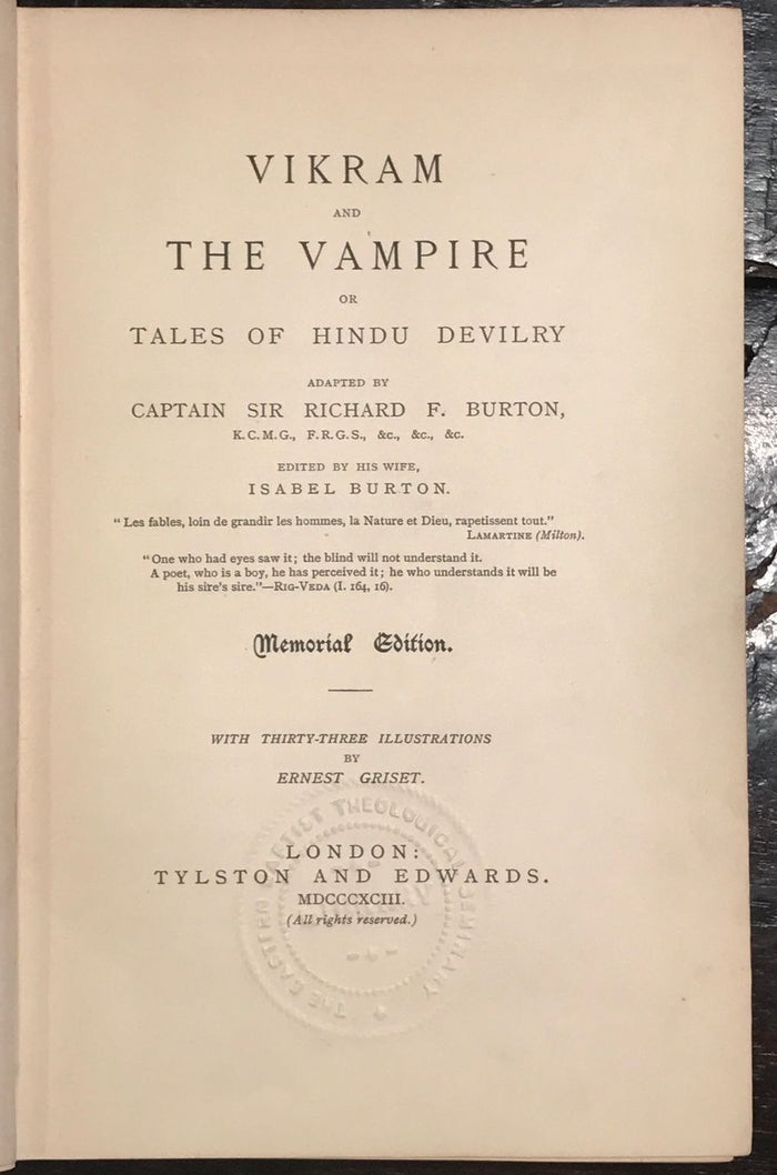 VIKRAM AND THE VAMPIRE: TALES OF HINDU DEVILRY, Richard Burton Memorial Ed, 1893