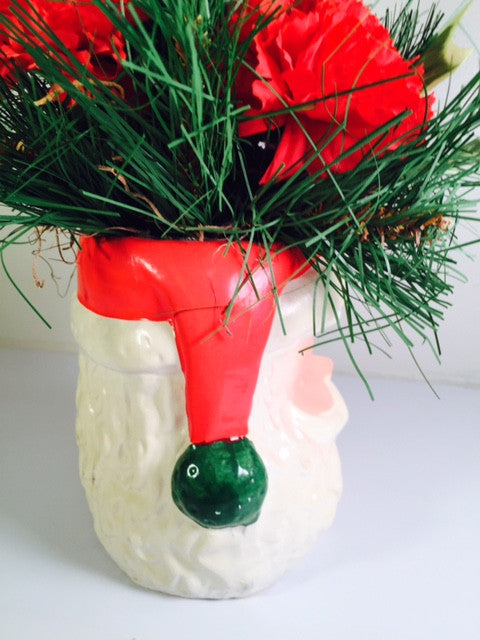 Vintage Santa Face Display Ceramic Figure with Flowers