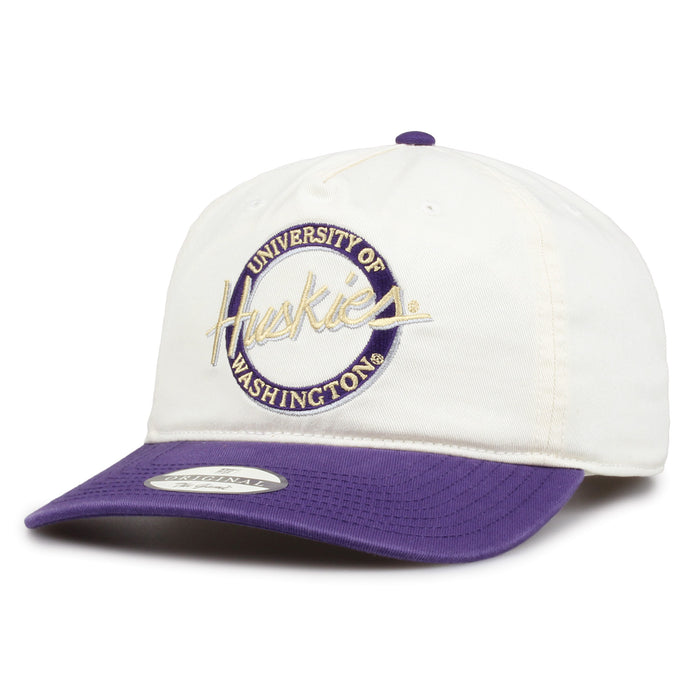 Washington Original Circle snapback hat showing embroidered front design and curved brim, angled view