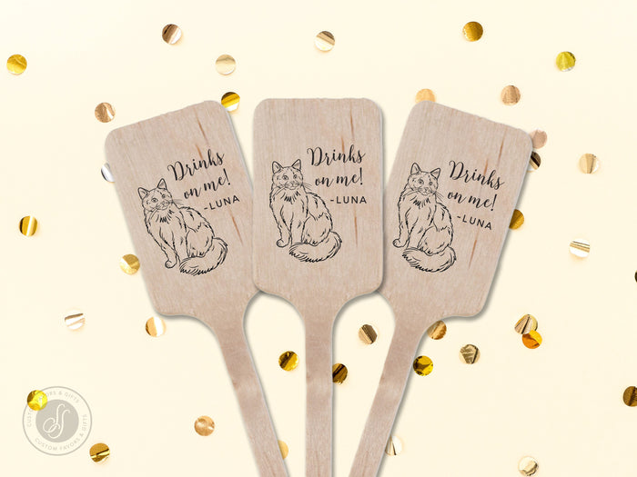Wedding Stir Sticks #20 - Custom Pet Dog or Cat Illustration - Wooden Stir Sticks, Round, Oval, Rectangle Stir Sticks, Wedding Favors