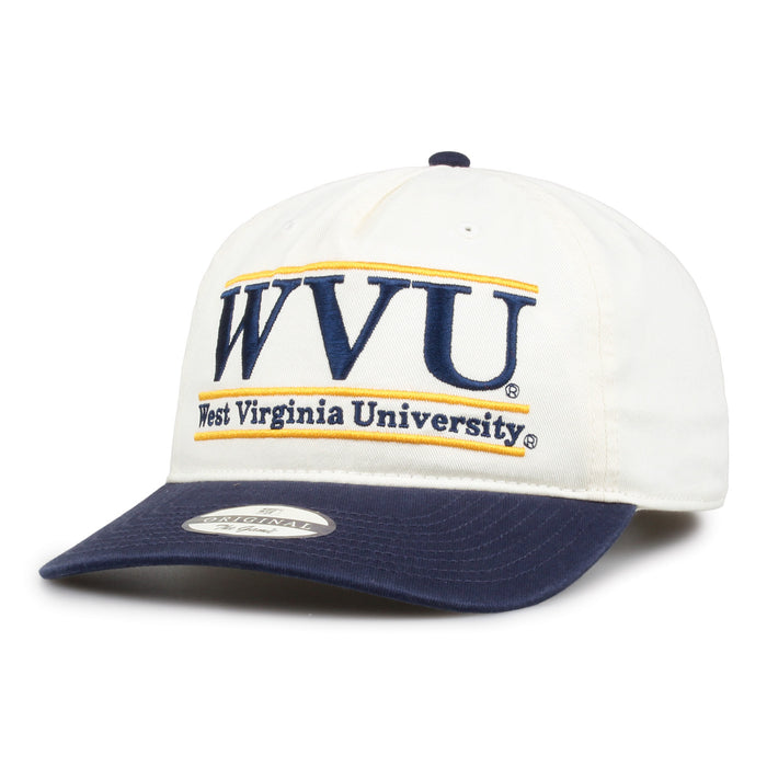 West Virginia Original Bar snapback hat showing embroidered front design and curved brim, angled view