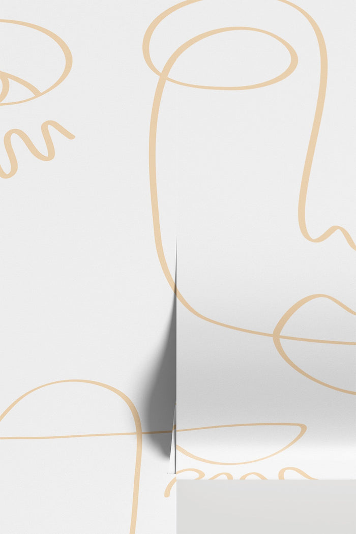 White Gold Minimal Abstract Faces line-art mural, standalone view