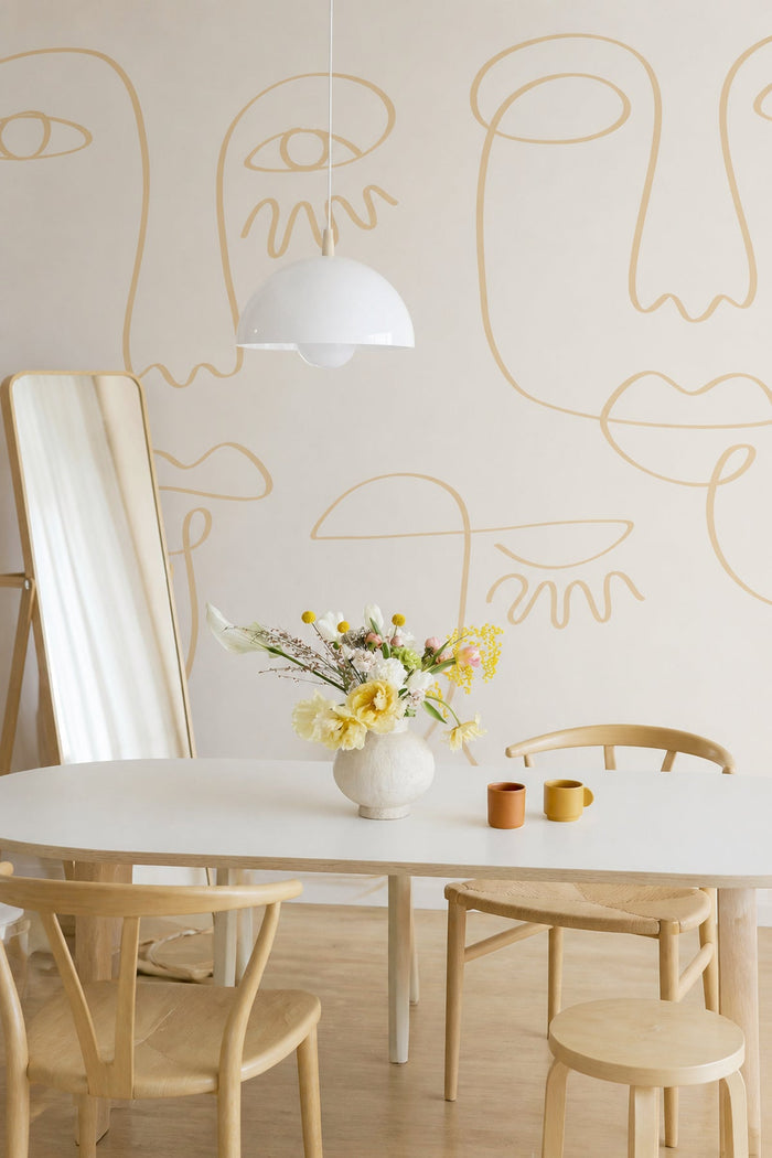White Gold Minimal Abstract Faces mural in a dining room