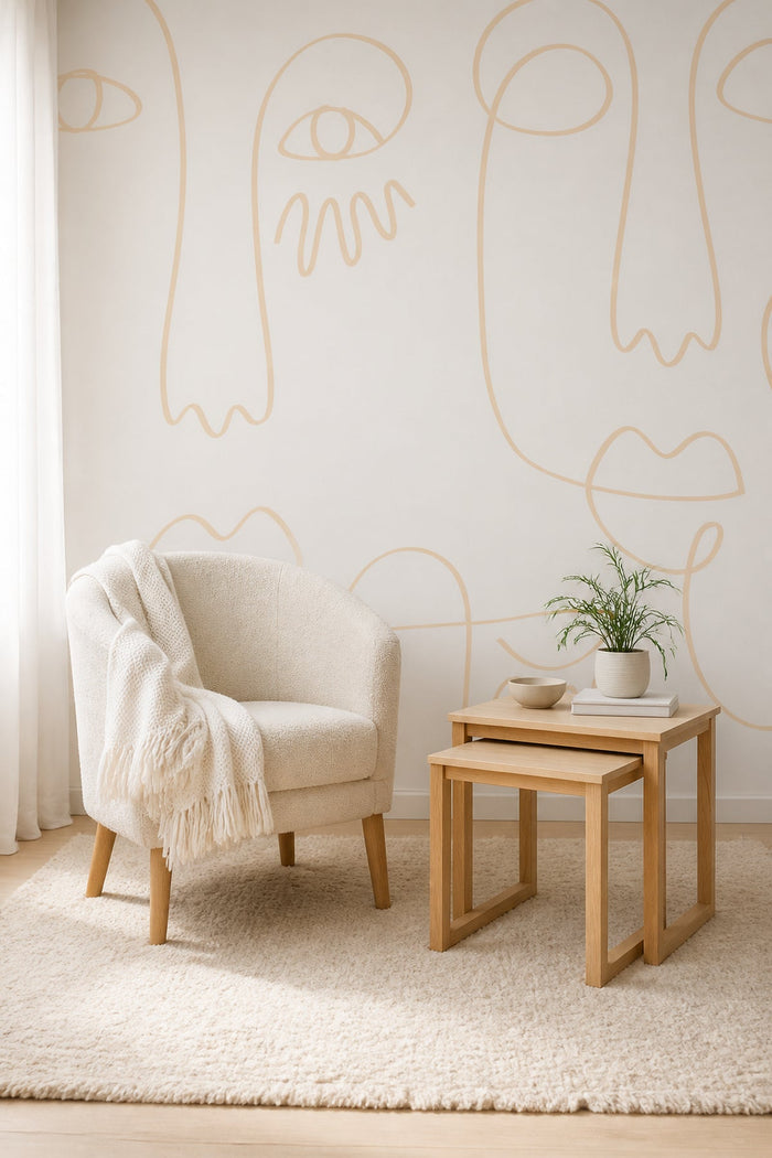 White Gold Minimal Abstract Faces mural in a living room