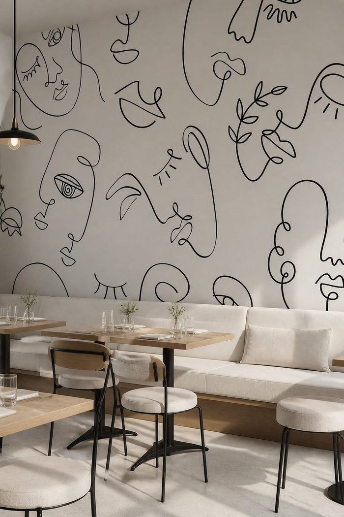 White Minimal Abstract Faces 2 wall mural in a dining room