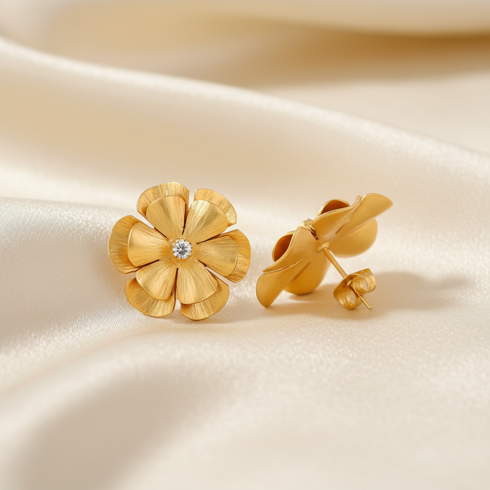 White Topaz 22k Gold Flower Statement Earrings 1”