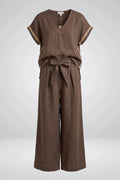 Дамски Ленен Комплект Топ с V - образно деколте – Кафяв (Chocolate) VIPART Roberto Fashion Store Set VPR0405SETBROLIN-36 36