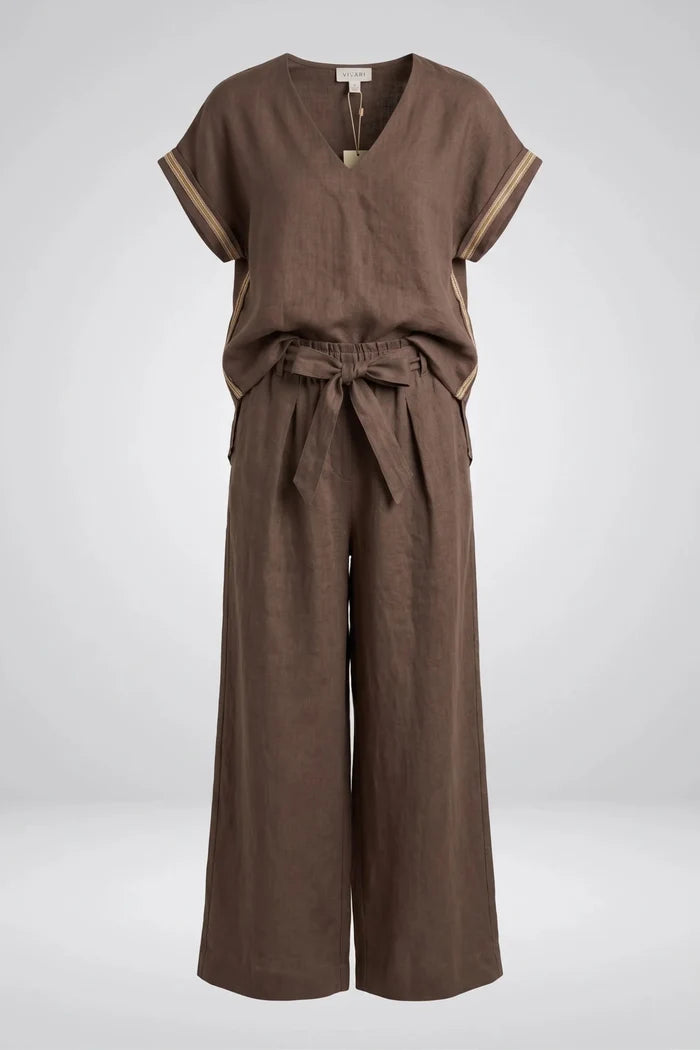 Дамски Ленен Комплект Топ с V - образно деколте – Кафяв (Chocolate) VIPART Roberto Fashion Store Set VPR0405SETBROLIN-36 36