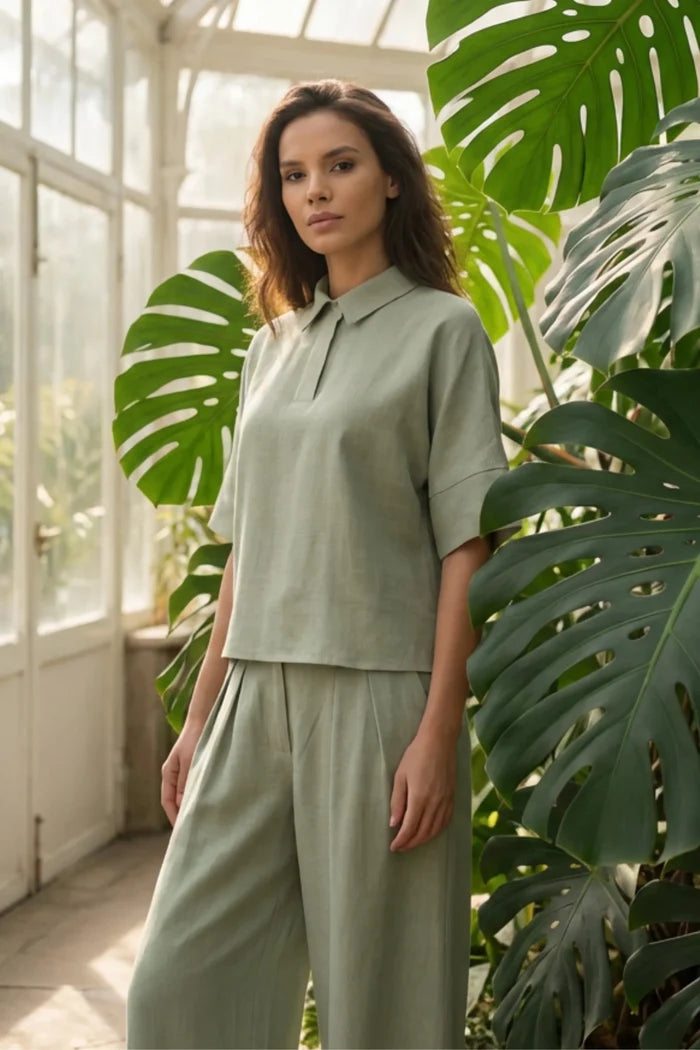 Дамски сет "Dita" – Зелен комплект от тенсел и лен с широк панталон Roberto&Co Roberto Fashion Store Set GR1204SETAA1025GRESM S/M