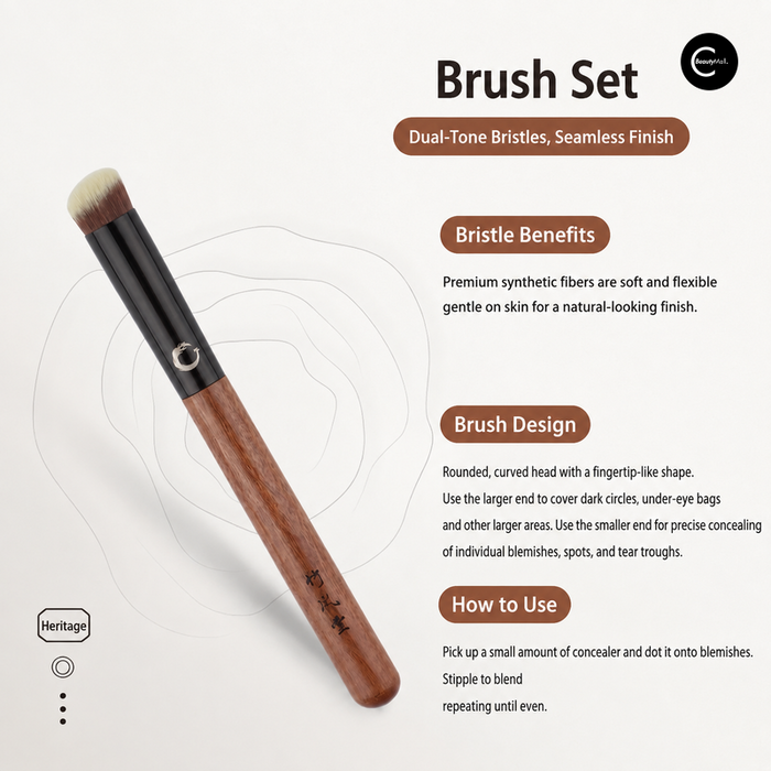 Zhu Feng Tang round-head dual-tone concealer brush with wood-look handle, angled product view