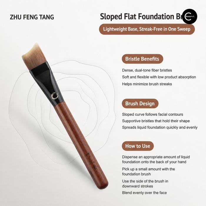 ZHU FENG TANG slanted flat foundation brush with a brown handle and angled dual-tone bristles